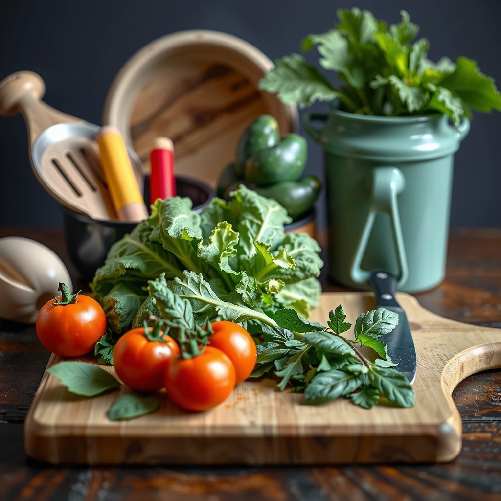 Fresh organic vegetables and sustainable kitchen setup