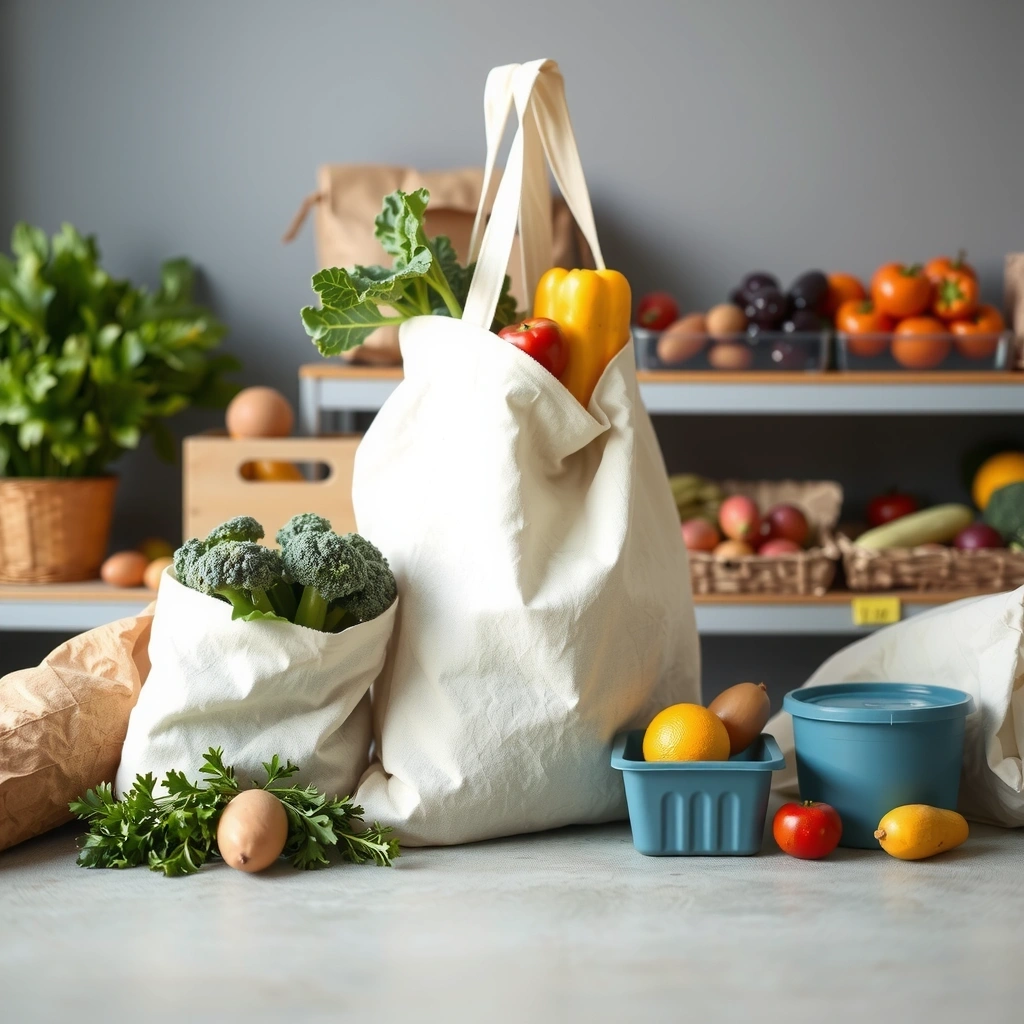 Eco-friendly grocery shopping with reusable bags and fresh produce